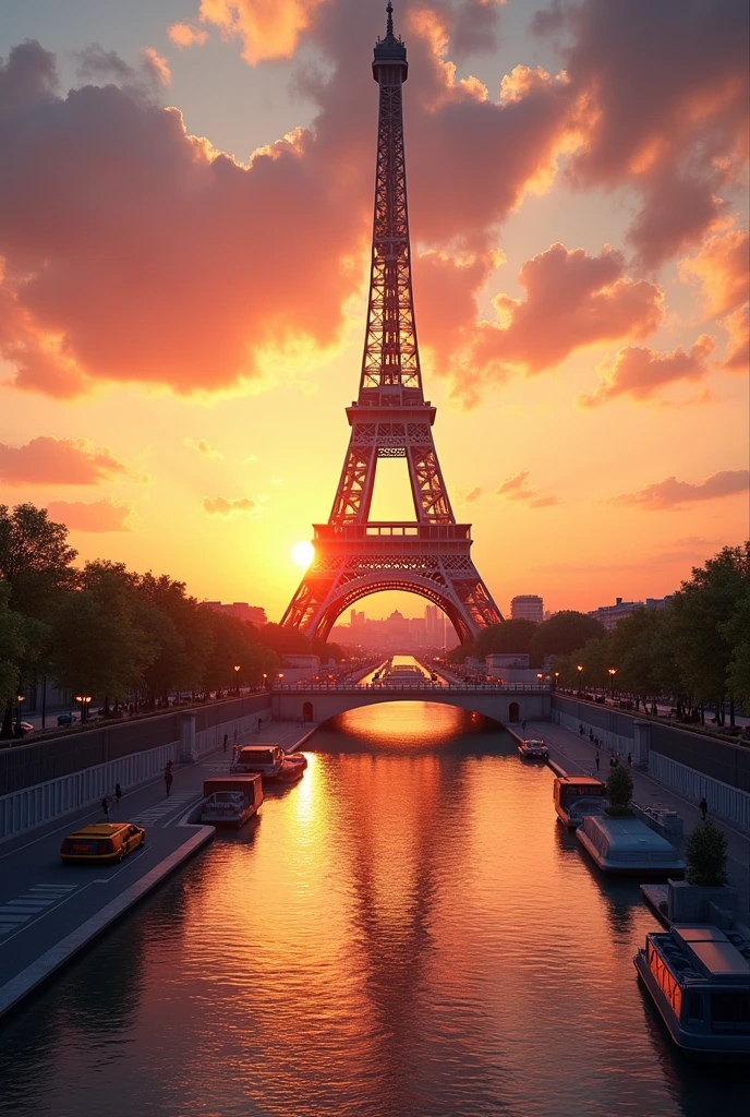 Capture a stunning European landscape featuring a clear view of the Eiffel Tower in Paris at sunset, with the Seine River in the foreground reflecting the golden light. The scene should be realistic, highlighting the architectural beauty and serene atmosphere.