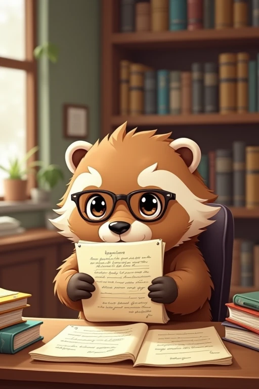 Draw a chibi badger that holds documents and reads them