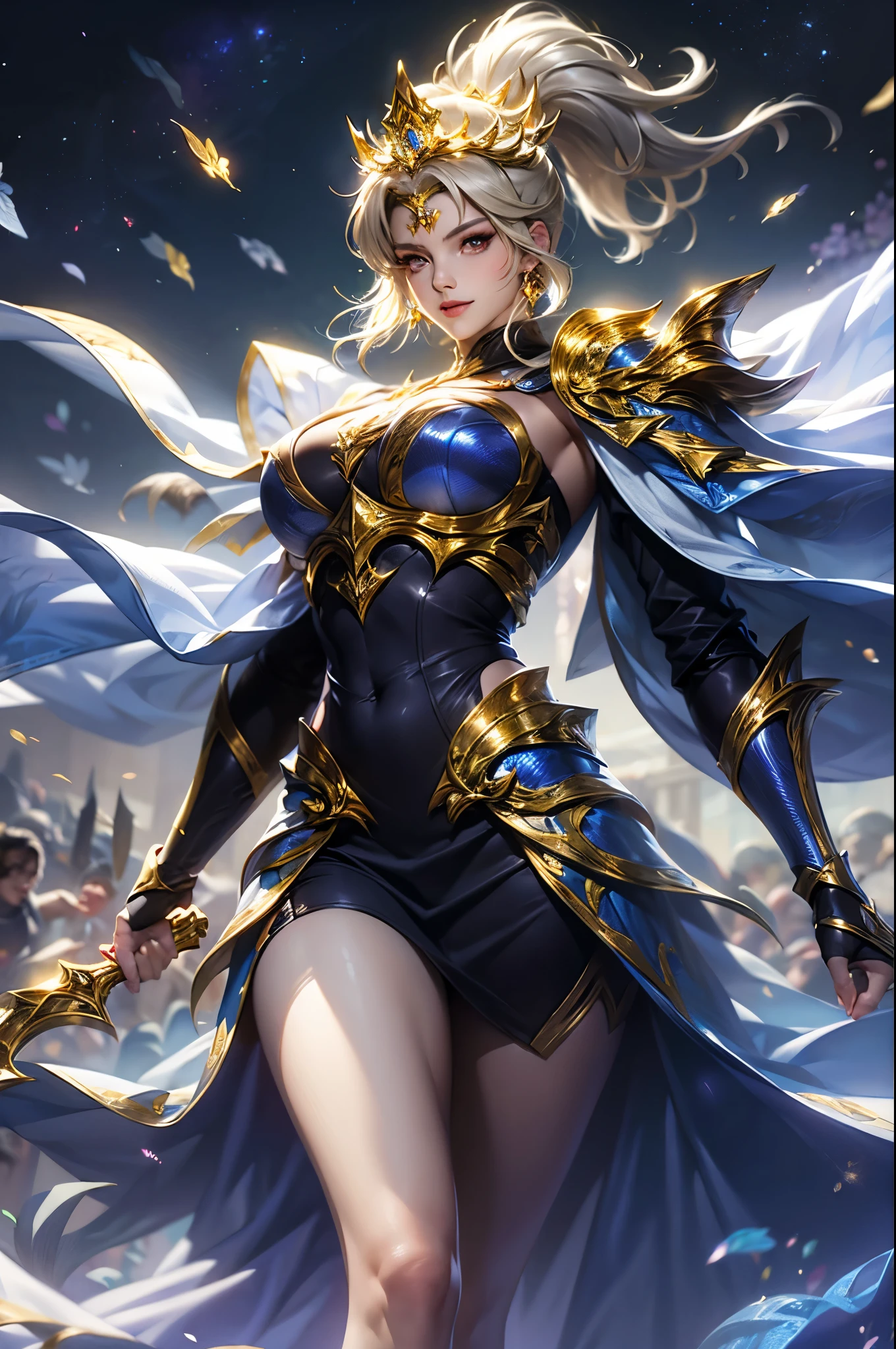 Ultra HD、Ultra-clear、White and beautiful translucent skin、Beautiful and well-proportioned face、Cute smile、Saint Seiya of Libra、Covers the whole body in silver armor、A holy knight in silver armor、Platinum tiara、Silver armor covered in flashy carvings、Heavy silver armor、Beautiful clear red eyes、Blonde Short-Haired、Big Breasts、Outer space background、ponytail、