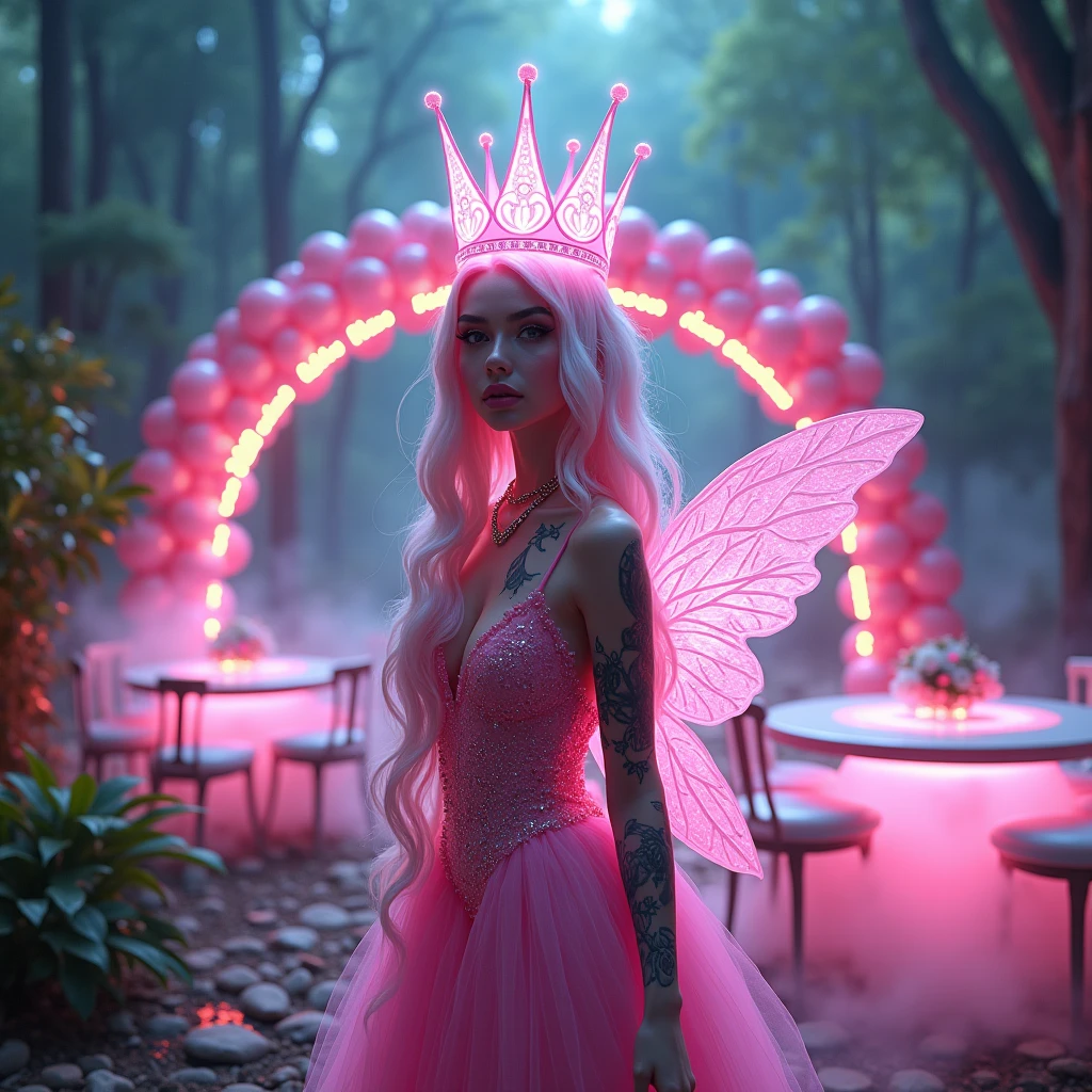 mystical and green and yellow pink neon glowing cosmo and Wanda forest, with a cloudy design mixed with glowing pink and green, with a large fairy crown, with smoking green and pink foggy floors, green and pink split glowing luxury tables and matching chairs with a balloon arch that says "Dynasty and Chris", “Taken On: Canon 16-35mmt/4L —ar 16:9, a natural white female, with long wavy pink n white hair, lashes, tattoos, diamond chain, plump lips, flawless eyebrows, wearing a pink sparkly dress with sparkly pink fairy wings