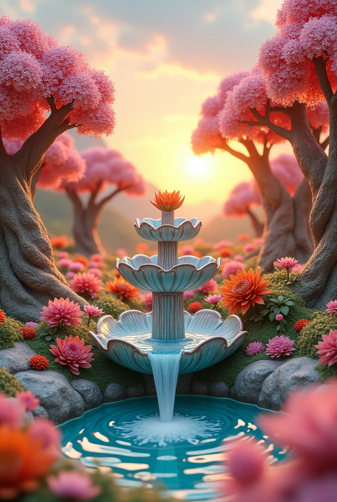 "Ceramic sculpture garden": A surreal garden where flowers and trees are made of glazed ceramics. The vibrant colors of the enamels contrast with a sunset sky, and in the center, A water fountain flows over an intricately detailed ceramic structure