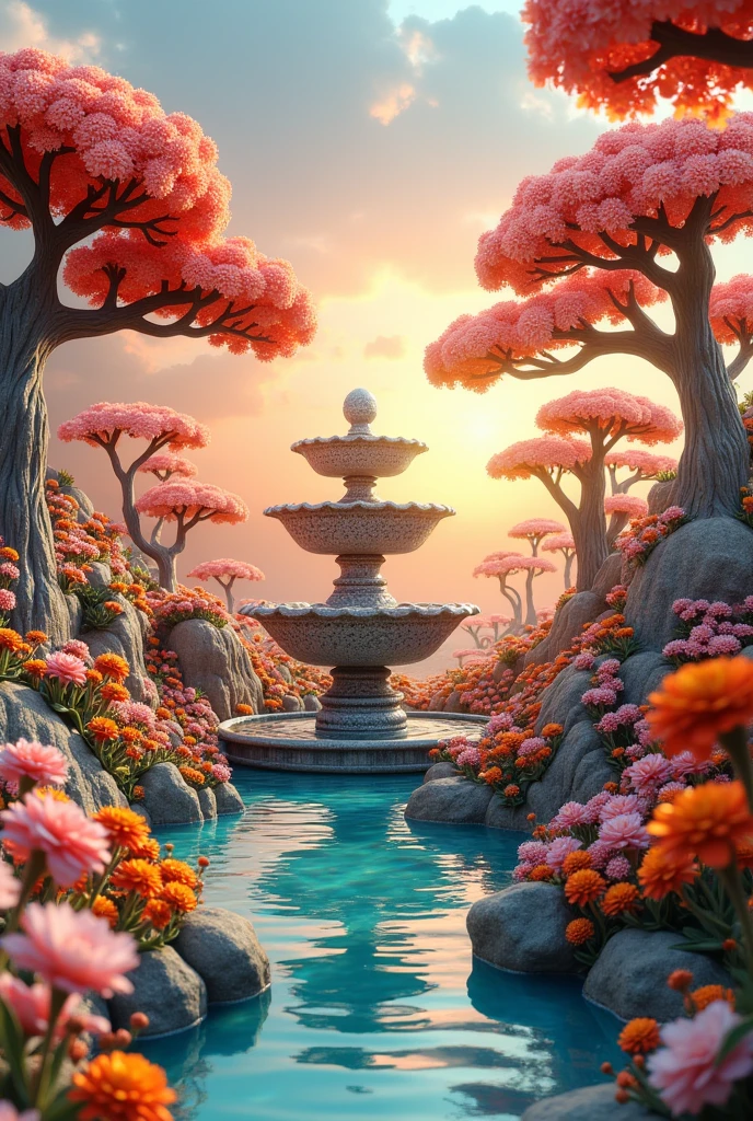 "Ceramic sculpture garden": A surreal garden where flowers and trees are made of glazed ceramics. The vibrant colors of the enamels contrast with a sunset sky, and in the center, A water fountain flows over an intricately detailed ceramic structure