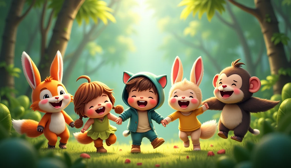 Initial Happiness in the Animal Forms
A joyful gathering of transformed children-animals playing together in the jungle. The scene is filled with laughter, movement, and vibrant colors, showcasing the initial fun of the transformation.