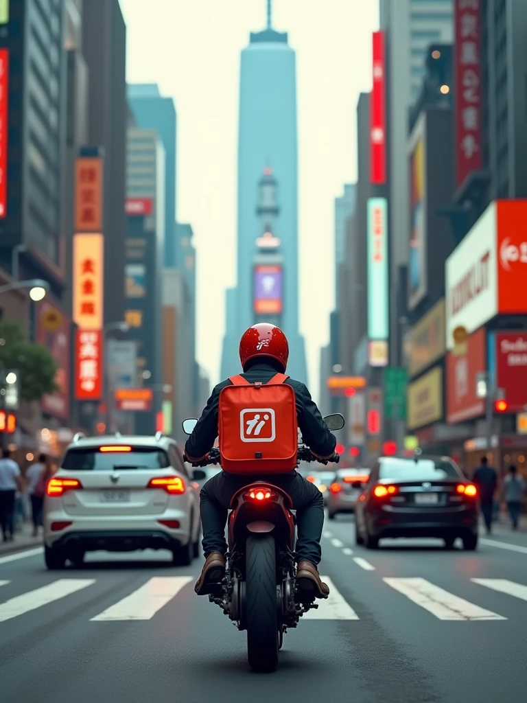 A man in a Foodpanda uniform rides his Foodpanda delivery motorcycle through a crowded city street during rush hour, weaving between cars with the Foodpanda logo visible on his backpack and motorcycle, as the city skyline looms in the background