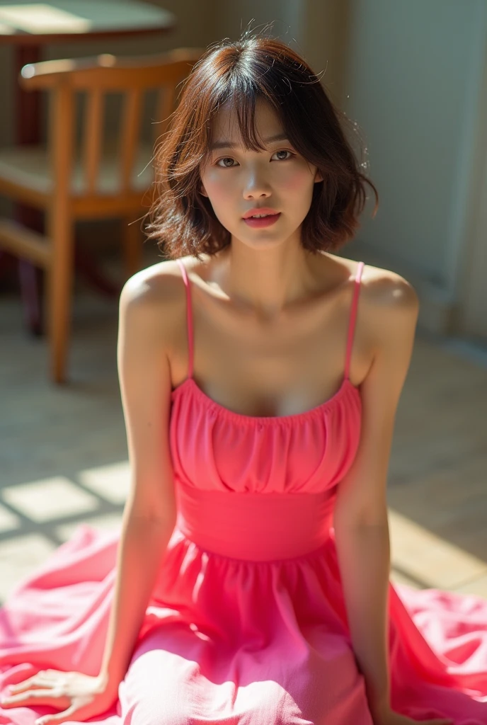 ((Highest quality, 8K,RAW photos)), (Practical, Reality: 1.37), (Face Focus: 1.1), Small Breasts, flat chest, short hair, A Japanese lady、20 years old、Japanese idol system、(Pink dress: 1.1)、skirt, sit, From below, Sunlight, Movie Lighting,