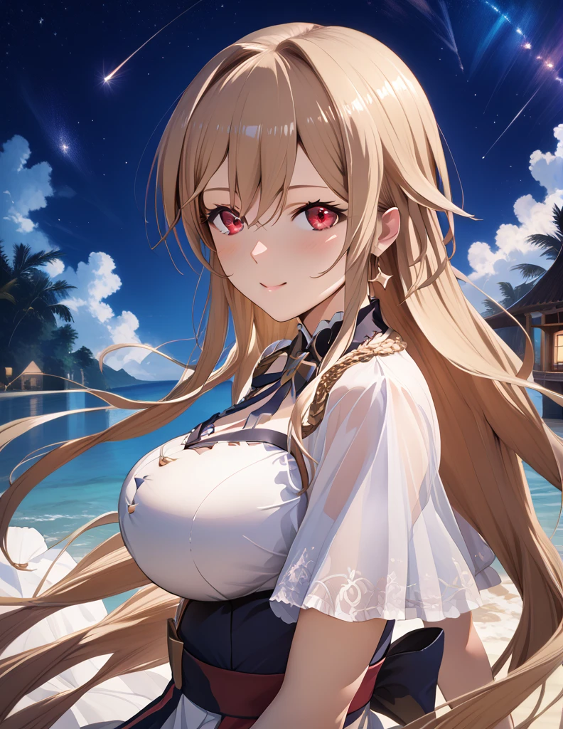 (masterpiece),(Highest quality),(Very detailed),(Best illustrations),(Best Shadow),(Absurd),(Detailed Background),(so beautiful), 4K, 8k,

anime style,

frnel, very long hair, blonde  hair, brown hair, bangs, red eyes, hair between eyes, large breasts, 

Detailed eyes,
heart,
blush,
(smile:0.5),

late night,
Stars, Shooting star,
Night view,
from side,
cowboy shot,
realistic background,
Background Blur,