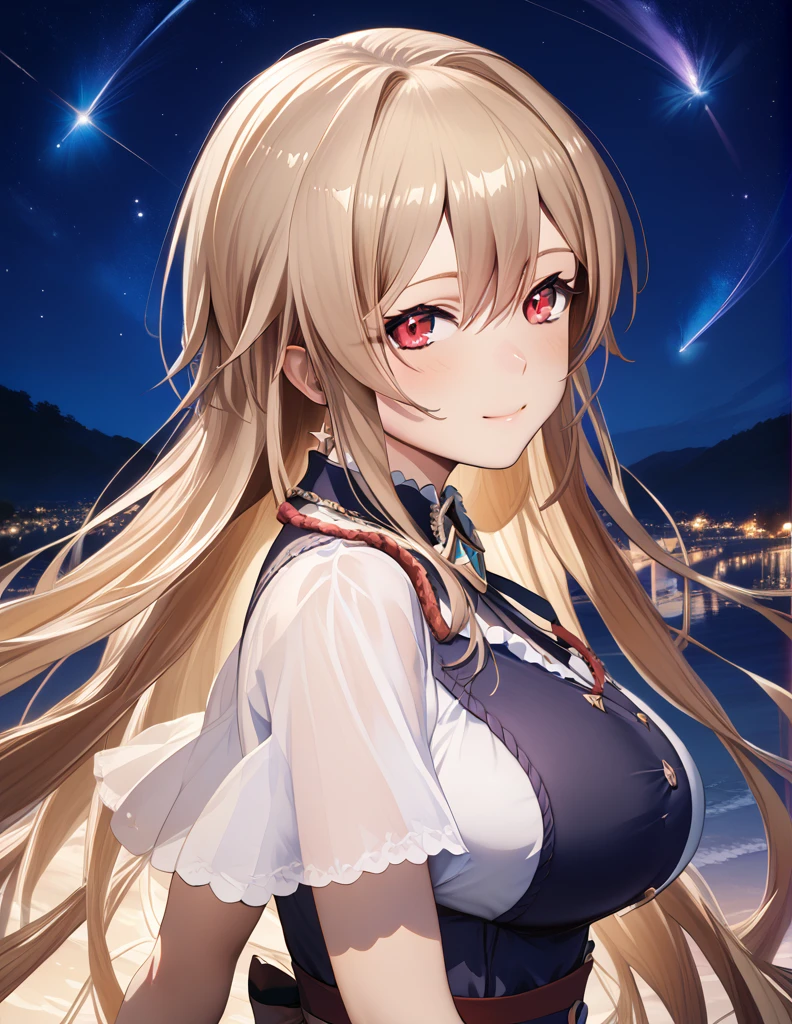 (masterpiece),(Highest quality),(Very detailed),(Best illustrations),(Best Shadow),(Absurd),(Detailed Background),(so beautiful), 4K, 8k,

anime style,

frnel, very long hair, blonde  hair, brown hair, bangs, red eyes, hair between eyes, large breasts, 

Detailed eyes,
heart,
blush,
(smile:0.5),

late night,
Stars, Shooting star,
Night view,
from side,
cowboy shot,
realistic background,
Background Blur,