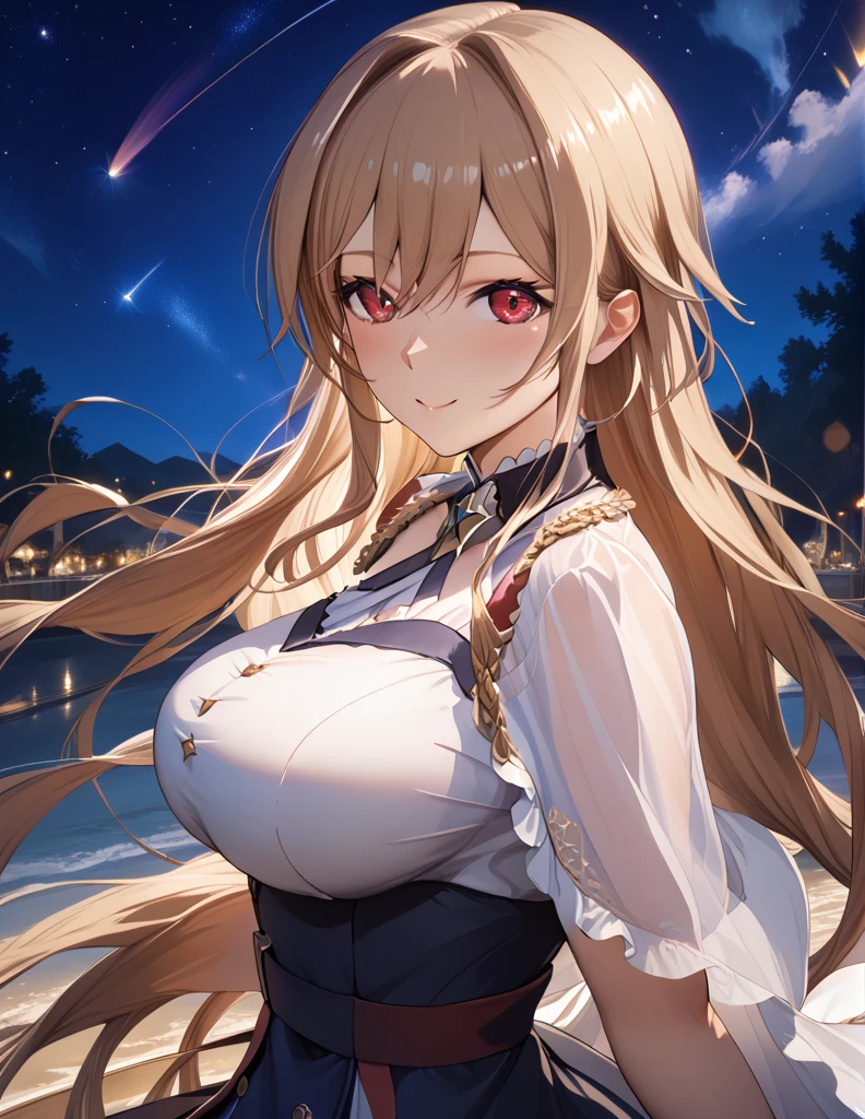 (masterpiece),(Highest quality),(Very detailed),(Best illustrations),(Best Shadow),(Absurd),(Detailed Background),(so beautiful), 4K, 8k,

anime style,

frnel, very long hair, blonde  hair, brown hair, bangs, red eyes, hair between eyes, large breasts, 

Detailed eyes,
heart,
blush,
(smile:0.5),

late night,
Stars, Shooting star,
Night view,
from side,
cowboy shot,
realistic background,
Background Blur,