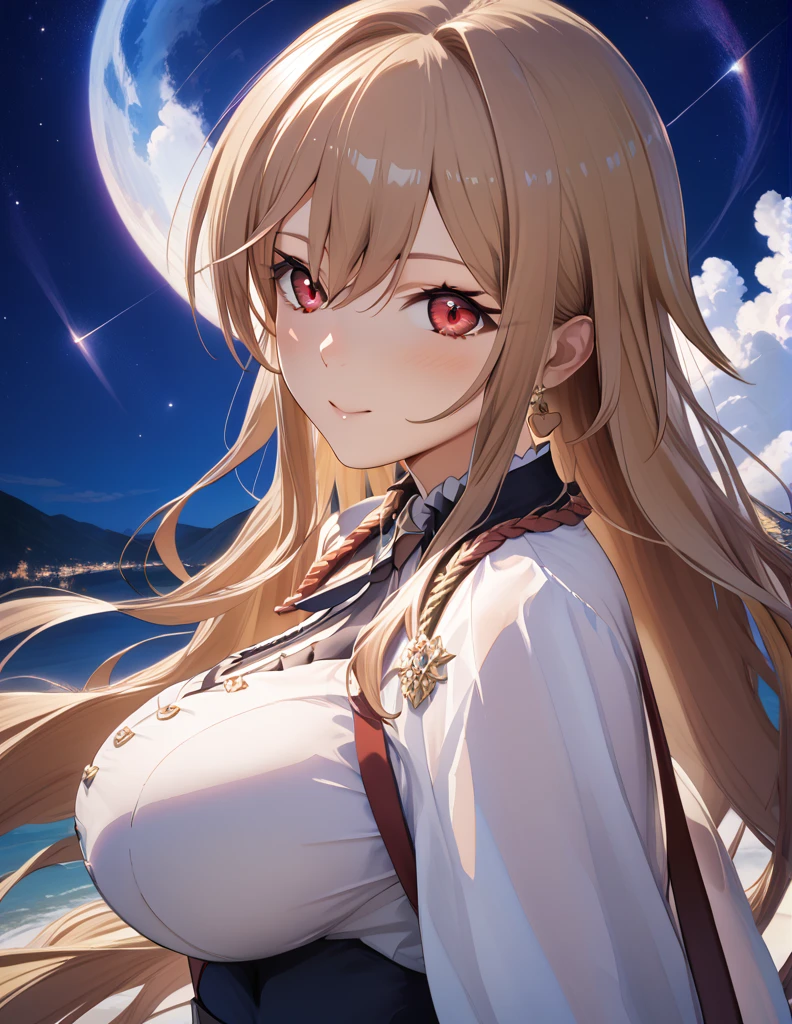 (masterpiece),(Highest quality),(Very detailed),(Best illustrations),(Best Shadow),(Absurd),(Detailed Background),(so beautiful), 4K, 8k,

anime style,

frnel, very long hair, blonde  hair, brown hair, bangs, red eyes, hair between eyes, large breasts, 

Detailed eyes,
heart,
blush,
(smile:0.5),

late night,
Stars, Shooting star,
Night view,
from side,
cowboy shot,
realistic background,
Background Blur,