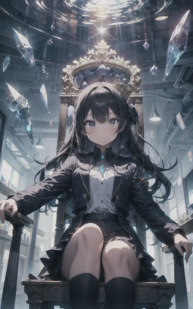 "An ageless monarch seated on a throne of living crystal, their body slowly merging with it. The crystal grows and forms a palace around them, while holographic memories of past rulers float in the air."
theme:Eternal Reign and Legacy