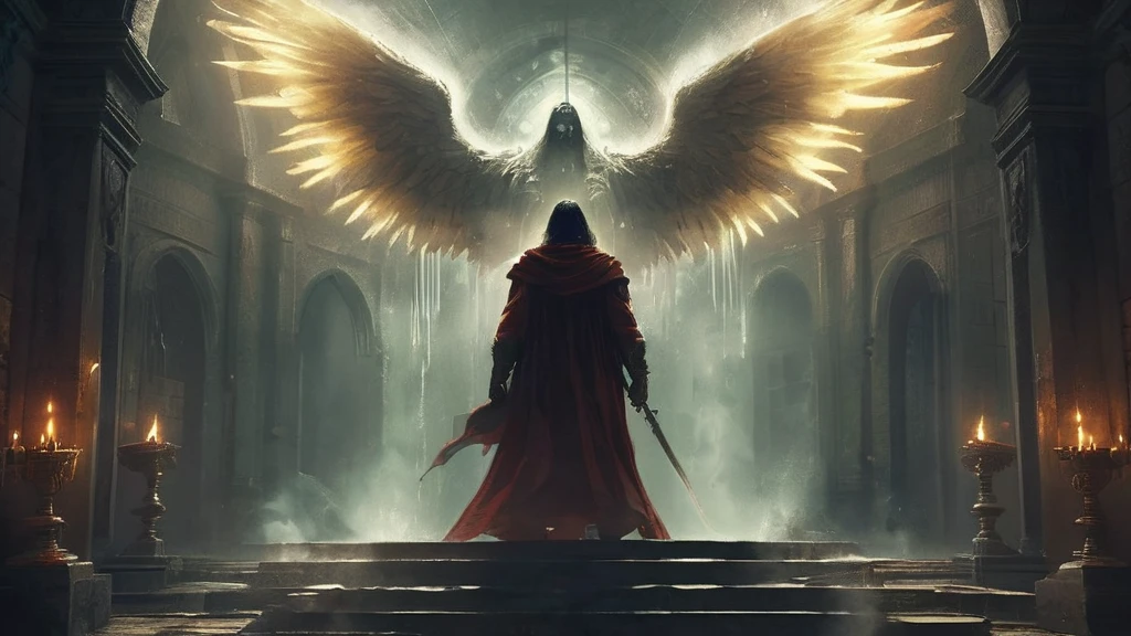 In a shadowy, medieval dark fantasy setting, an ancient library with towering bookshelves and dusty tomes stretches into the darkness. A man named Norven stands on the worn stone staircase, his long, jet-black hair cascading down his back, partially hidden beneath a richly textured red hood. His outfit is a deep crimson, adorned with intricate, dark embroidery that glints subtly in the dim light. Norven’s posture is tense, one hand gripping the hilt of a sword sheathed at his side, while his piercing eyes lock onto an angelic figure before him. The angel, towering over him with majestic, glowing wings, radiates a soft, divine light that illuminates the aged, crumbling walls and the faded manuscripts scattered around. The contrast between Norven’s dark, brooding presence and the angel’s ethereal, otherworldly aura heightens the tension in this ominous confrontation, capturing the essence of an epic, timeless struggle."






