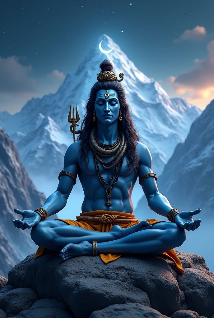 (photorealism:1.2),"Create an image of Lord Shiva, the Hindu deity, seated in a meditative pose on Mount Kailash. He should have a serene expression, with a third eye on his forehead, and matted hair adorned with a crescent moon. The Ganga river should be flowing from his hair, and a cobra coiled around his neck. He should hold a trident in one hand, and a damaru (drum) in the other. His skin should be an ethereal blue, and he should be wearing a tiger skin loincloth. The background should depict a night sky with stars, and the surrounding environment should include Himalayan peaks, with a faint glow of light emanating from him.