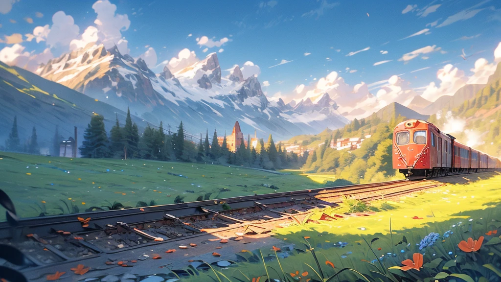 “A red train traveling through a mountainous region, a river flowing through the valley, lush greenery, colorful wildflowers, snow-capped mountains, sunrise or sunset sky, birds flying”
