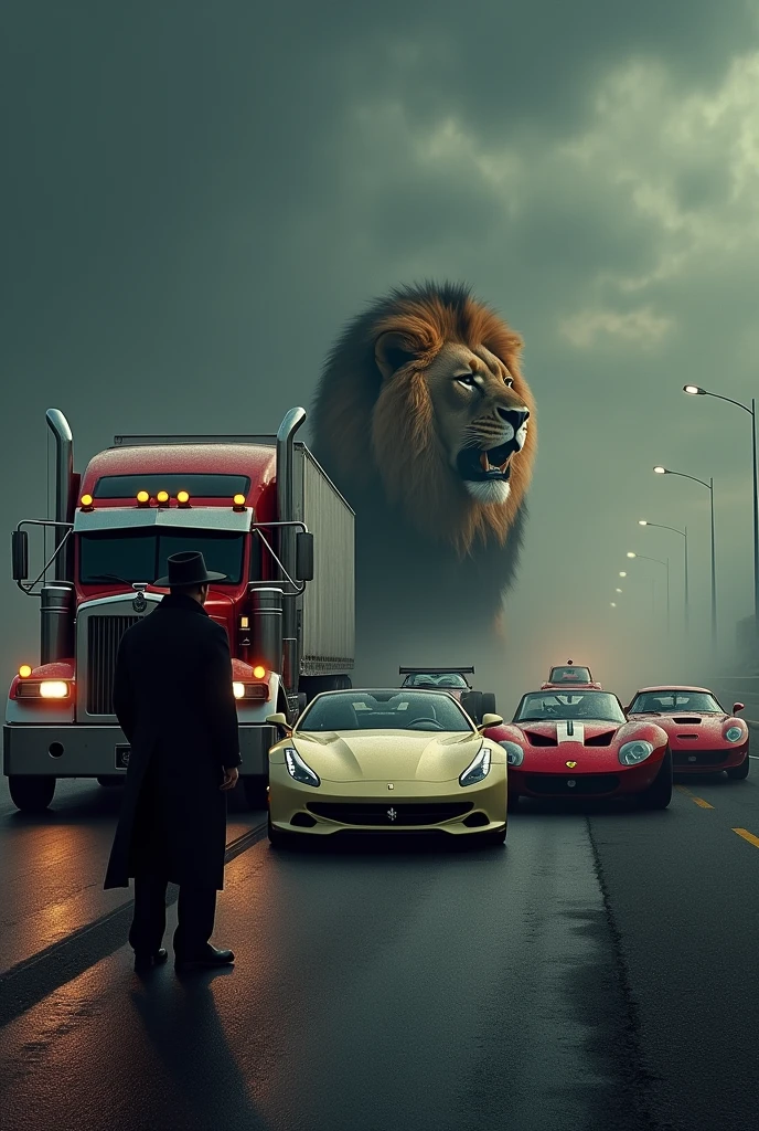 Big peterbilt truck on highway of ferrari along with a formula 1 car in the black weather and sky loin roaring in the back beside the truck a racing rolls Royce car in cream colour between the truck and the car a man walking in black cloths with a black hat wearing a long colt looking on the road