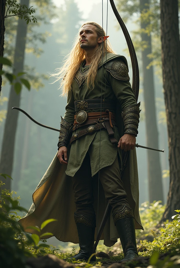 A handsome elf man with long blond hair, dressed as an elf from Lord of the Rings, points his bow at the sky
