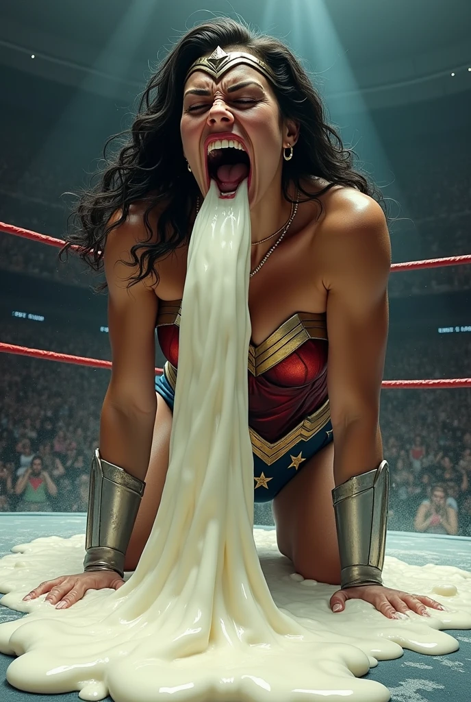 Sweaty Wonder Woman is vomiting in the ring, she spits out lot of visible milk repeatedly. Lot and Lot of milk continously dropping from her mouth to the floor. There is lot of sweat on her muscular body.