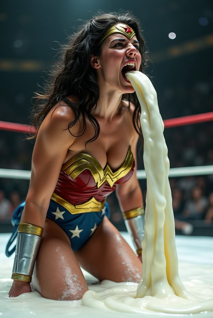 Sweaty Wonder Woman is vomiting in the ring, she spits out lot of visible milk repeatedly. Lot and Lot of milk continously dropping from her mouth to the floor. There is lot of sweat on her muscular body. 