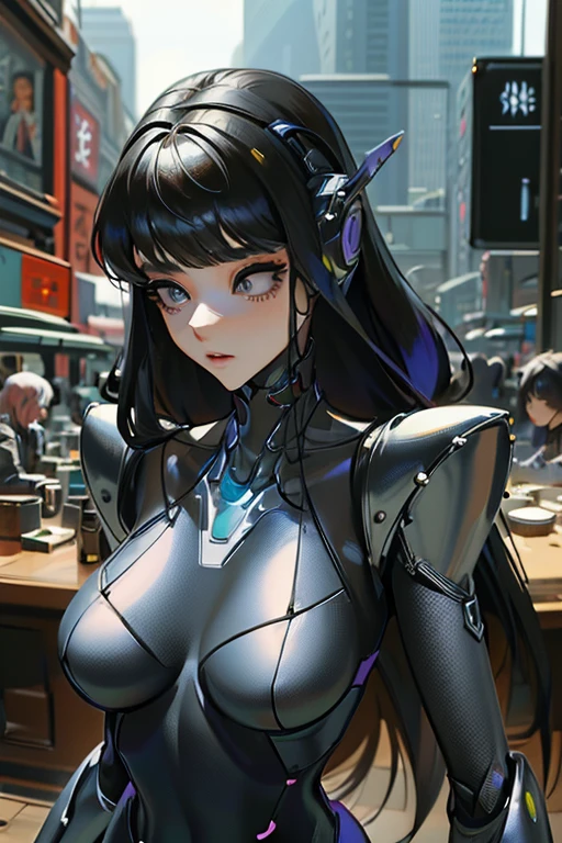 (masterpiece),(Highest quality),(Super detailed),(Best illustrations),(Best Shadow),(Absurd),(Detailed Background),(so beautiful), 16K, 8K, 4K,(Best Shadow),empty eyes,robotization,woman ,big bust,Robot Joint ,Metal skin,Black Suit,long hair,a black suit that covers the whole body,robot raiden shogun ,cyber suit,chrome body,mecha skin,metal skin