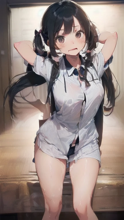 (must be follow these prompts:2.2),masterpiece,best quality,extremely detailed,(in her clothing:2.5),(in her workwear clothing:2.6),(adorable expression:2.6),(usual face:2.6),(displayed one girl on single picture:2.6),(Black hair twin tails:2.1),(A lively and cute high school girl:1.9),(The high school girl has long sexual intercourse with the male workers around her and receives ejaculation into her vagina every day, and she has to adjust her work clothes after they get messed up during the intense sex.:2.0),(The high school girl continues to work in her work clothes, even though the smell of semen is emitting around her.:1.8),(A large amount of semen remained in the high school girl's vagina for about a week without being washed away.:1.8),(The high school girl's work jacket and trousers still had dried semen on them.:1.7),(The high school girl looks young, but she's actually voluptuous.:2),(The high school girl may look young, but she has had vaginal tens of thousands of times, and her vagina is covered in old semen.:2.4),(The high school girl has surprisingly extensive sexual experience with men.:1.8),(The high school girl has short, thick legs.:2.1),(The female high school student was wearing work clothes that had been semen ejaculated into them a long time ago, and the semen had turned a pale amber color.々Stands out in:1.7),(The crotch area of the work pants worn by the high school girl smells bad due to sweat and love juices.:2.0),(The high school girl has a very cute face and is very petite.:2.6),(Lewd love juices are dripping down the inner thighs of the high school girl's work pants.:1.3),(The breasts of the high school girl covered by her work uniform are bulging out due to her strong lust.:2.8),(she was already stroked up to the depth intervaginal sensuous spot:1.8),(notably buldged up her inner labia majora:2.9),(A young, shy moan:1.5),(having big breasts in her clothing:2.8),(A high school girl with an innocent look working while sweating:2.3),(The high school girl is short but has a slightly plump body.:2.1),(The crotch area of the work pants worn by the high school girl has become discolored due to love juice soaking in.:2.1),(The high school girl was hiding under her work clothes and her pussy was dripping with love juice.:2.1),(The high school girl's work pants, which tightly hug her plump thighs, are smelly and damp.:2.0),(The high school girl endures the fact that her genitals are getting sticky, but she keeps her work pants on.:2.1),(A high school girl who is always holding her crotch over the work clothes she has been wearing for a long time:2.1),(A moan filled with childish embarrassment:1.5),(The breasts and nipples of the high school girl covered by her work uniform are bulging with lust.:2.6),(The female high school student is working diligently:2.5),(The high school girl's legs are short and thick.:2.2),(she looks like japanese idol:2.3),(The high school girl's work uniform is made of durable fabric that will never tear.:3.3),(Her breasts are completely hidden under her work clothes:2.9),(she looks like a ta:2.0),(All of this happened to the high school girl herself, not anyone else.:3.5),(Make sure to depict the face:5.3),(Innocent face:3),(The film depicts just one high school girl.:3.3),(The only characters are the high school girls.:4.2),(Portrait Style:5)