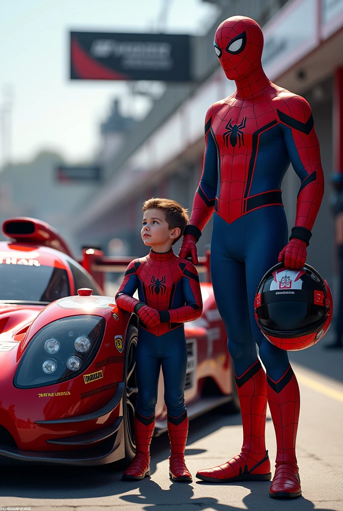 Spider-Man as a racing car driver next to his car with a driver costume and helmet in hand and near to his son as a racing car driver next to his car with a driver costume and helmet.