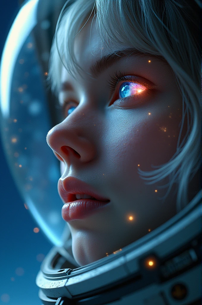 (Close-up of a better masterpiece:1.5)0.9], (Space and astronauts:1.2) (Messy silver hair:1.1) (Heterochromia xanthochromia and blue eyes:1.2) (Space Helmet:1.0) (Colored stars in the eyes:1.0) (A radiant glow:1.1) (thick lips:0.9)