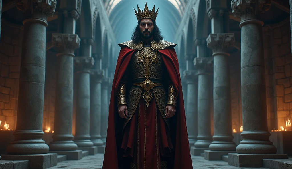 Design a highly detailed, epic cinematic scene featuring Roderick, the last Visigothic king of Spain, dressed in traditional Spanish royal attire from the early medieval period. Roderick should be portrayed wearing an ornate crown, with a flowing cape draped over his shoulders, and a richly decorated tunic, all rendered with meticulous attention to historical accuracy. He stands in a grand, majestic setting—perhaps the throne room of a Visigothic palace or an ancient fortress—where towering columns and intricate stone carvings dominate the background. The setting should be underexposed, creating a somber and intense atmosphere, with dramatic lighting casting deep shadows and selectively illuminating parts of the scene, such as the intricate details of Roderick's attire and the ancient architecture. The color grading should emphasize the epic nature of the scene, with cool blues and grays for the stone surroundings, contrasting with the warm golds and deep reds of Roderick's attire. The overall composition should convey a sense of impending conflict and the weight of Roderick's reign, captured through a cinematic lens that highlights both the grandeur and the foreboding mood of the era.