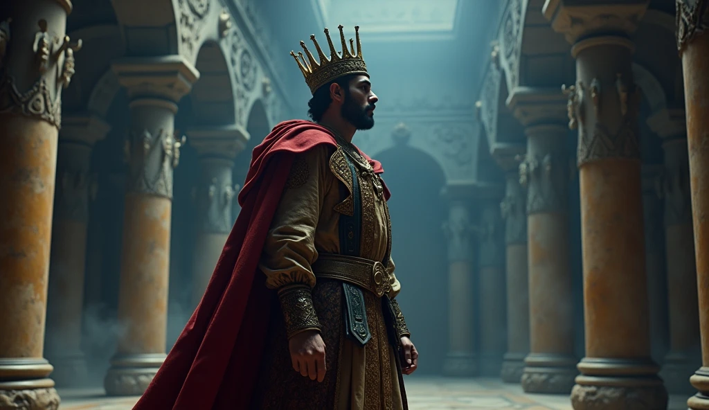 Design a highly detailed, epic cinematic scene featuring Roderick, the last Visigothic king of Spain, dressed in traditional Spanish royal attire from the early medieval period. Roderick should be portrayed wearing an ornate crown, with a flowing cape draped over his shoulders, and a richly decorated tunic, all rendered with meticulous attention to historical accuracy. He stands in a grand, majestic setting—perhaps the throne room of a Visigothic palace or an ancient fortress—where towering columns and intricate stone carvings dominate the background. The setting should be underexposed, creating a somber and intense atmosphere, with dramatic lighting casting deep shadows and selectively illuminating parts of the scene, such as the intricate details of Roderick's attire and the ancient architecture. The color grading should emphasize the epic nature of the scene, with cool blues and grays for the stone surroundings, contrasting with the warm golds and deep reds of Roderick's attire. The overall composition should convey a sense of impending conflict and the weight of Roderick's reign, captured through a cinematic lens that highlights both the grandeur and the foreboding mood of the era.