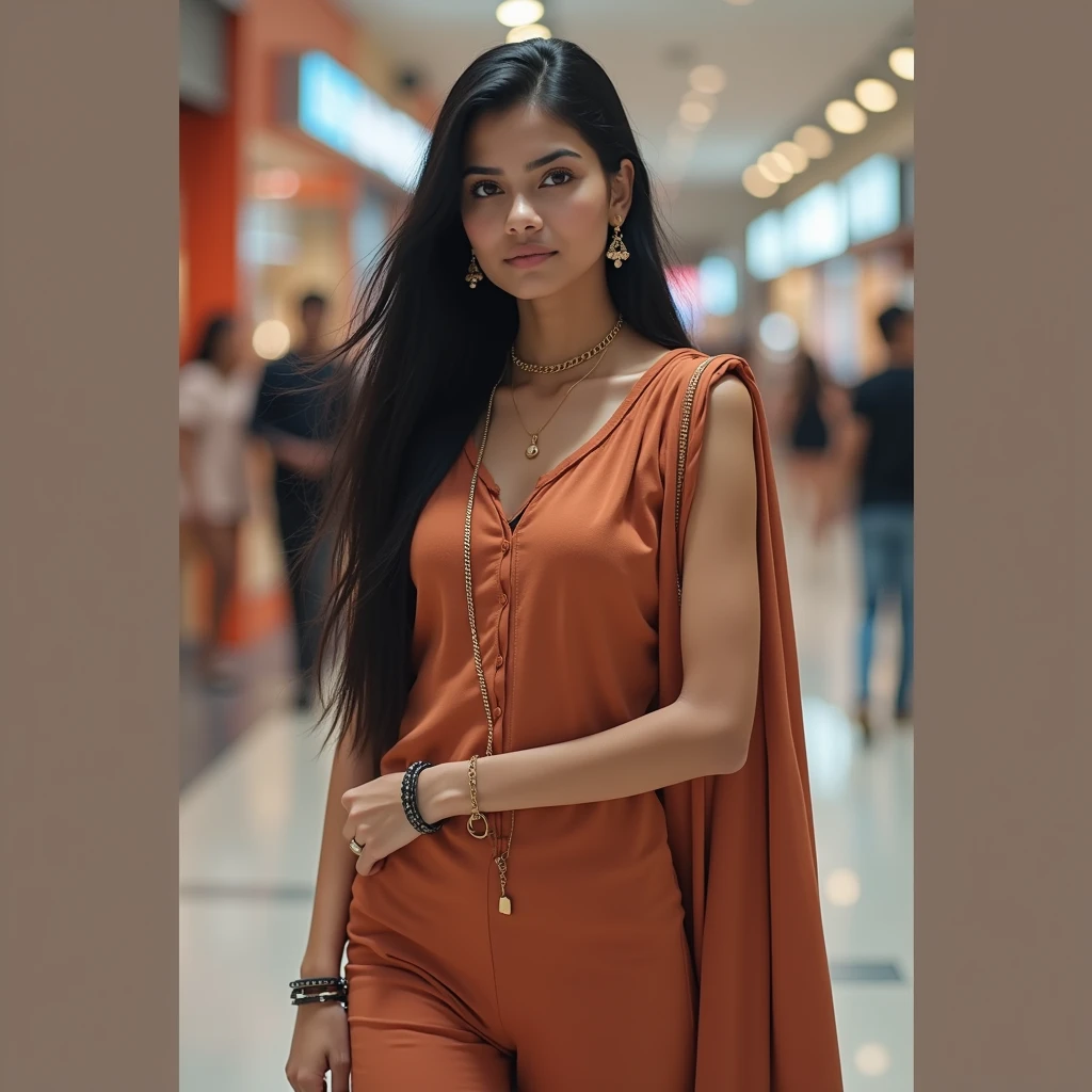 A beautiful hot indian cute indian teenagers girl, city girl, 1, Instagram model long black hair, in a mall, in one piece dress. 