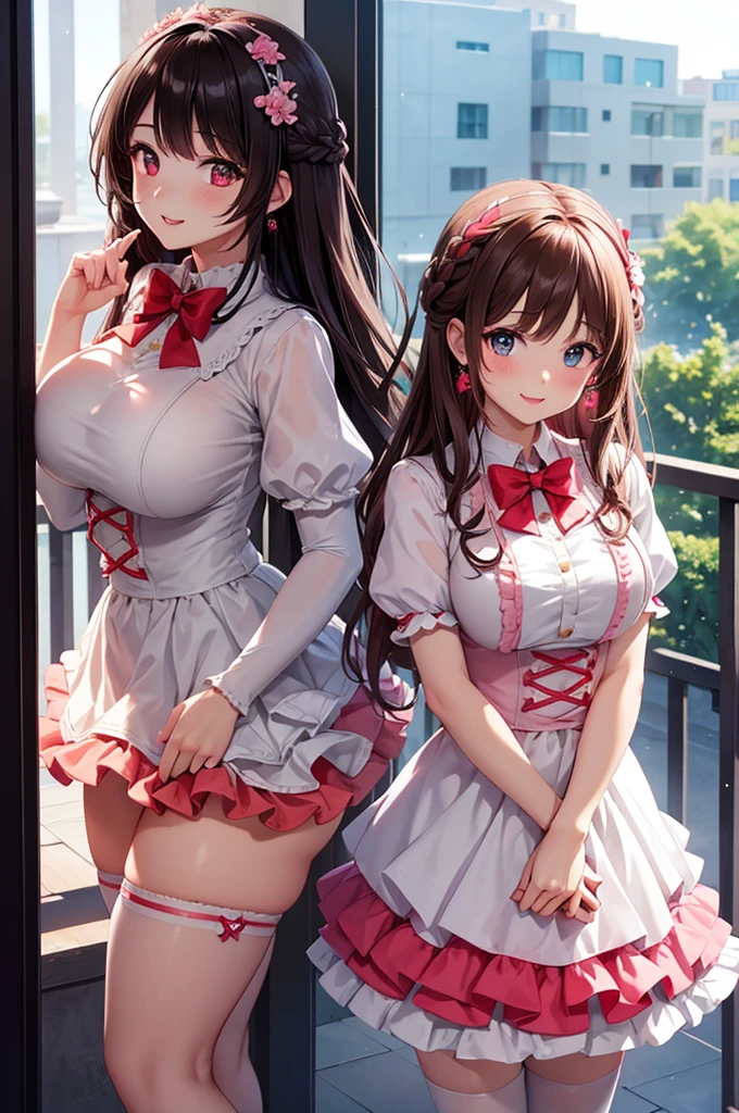 Highest quality,Highest Resolution,１Beautiful girl with a smile,Full body close-up,look up,looking at the camera,Red Eyes,Twin tails,Brown Hair,In underwear,Pink bra,Pink underwear,High leg,pink garter belt,Pink knee-high stockings,Dark bedroom,Standing posture,Purple bedding,
