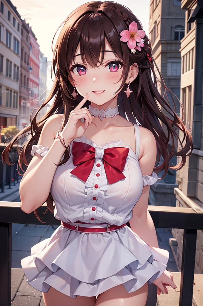 A beautiful girl in a short white and pink dress posing on a balcony, outside, night, (magical girl cosplay), fluffy layered skirt, thigh highs, big rounds breasts, dark brown hair, long bangs, french braid, long hair, wavy hair, shiny hair, hairclip, hair flower, big red bow for hair, red bow choker, aqua eyes, glowing eyes, pupils sparkling, beautiful detailed eyes, earrings, smile, blush, expressions, smiley, happy, red lips, high detail, anime, anime style, depth of field, cinematic lighting, natural lighting, dithering, image fill, multiple views, first-person view, perspective, panorama, Wide-Angle, f/1.8, 85mm, Sony FE, 8k, super detail, UHD, retina, masterpiece, accurate, anatomically correct, textured skin, high details, best quality, highres, 16k