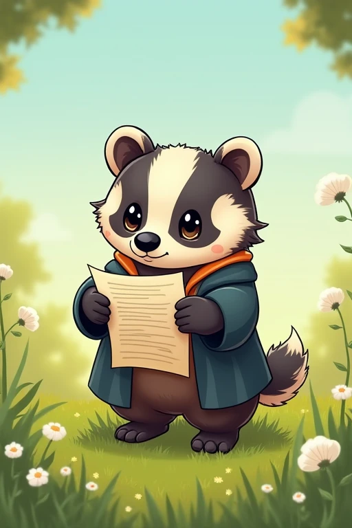 Draw a chibi badger standing on a field that holds documents and reads them