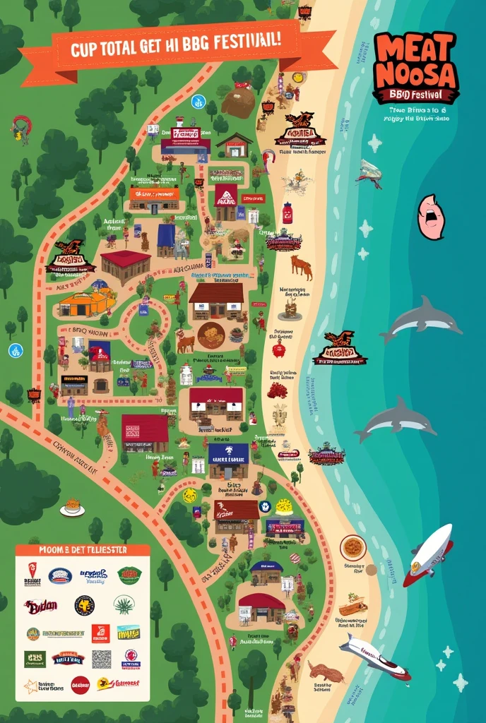 I'm looking for a map design for a BBQ festival in Australia. I have attached a Sample Map that I like, and I would like mine made similar.
Main MEAT Noosa logo to be top
Sponsor Logos attached that need to be included in the bottom Left had side.
Outline and style of event -
Dive into a carnivore's paradise at MEAT Noosa, the Sunshine Coast's most epic BBQ festival! ??
? Date: September 14, 2024
? Location: Noosa Dolphins Rugby Union Club
? Time: 10am - 5pm
Prepare your taste buds for an explosion of flavour as we bring together the finest BBQ food vendors from across the region. From smoky ribs to tender brisket, our mega BBQ market stalls will satisfy your cravings and leave you coming back for seconds!
But that's not all - wash down those mouthwatering bites with a selection of craft beers, perfectly chilled and waiting to complement the bold flavors of BBQ.
Want to master the art of grilling? Swing by our BBQ school and learn from the pros, as they share their top tips and tricks for achieving BBQ perfection every time.
And for our younger BBQ enthusiasts, we've got a lineup of kids' entertainment that'll keep the whole family smiling all day long!
So grab your appetite and join us for a day filled with finger-licking food, ice-cold drinks, and unbeatable BBQ vibes at Meat Noosa. This is one festival you won't want to miss! ??