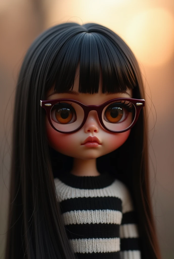 blythe doll, brown skin , straight black hair down to the back, Brown eyes , maroon glasses , black and white striped sweater . no hair on forehead . in the dawn
