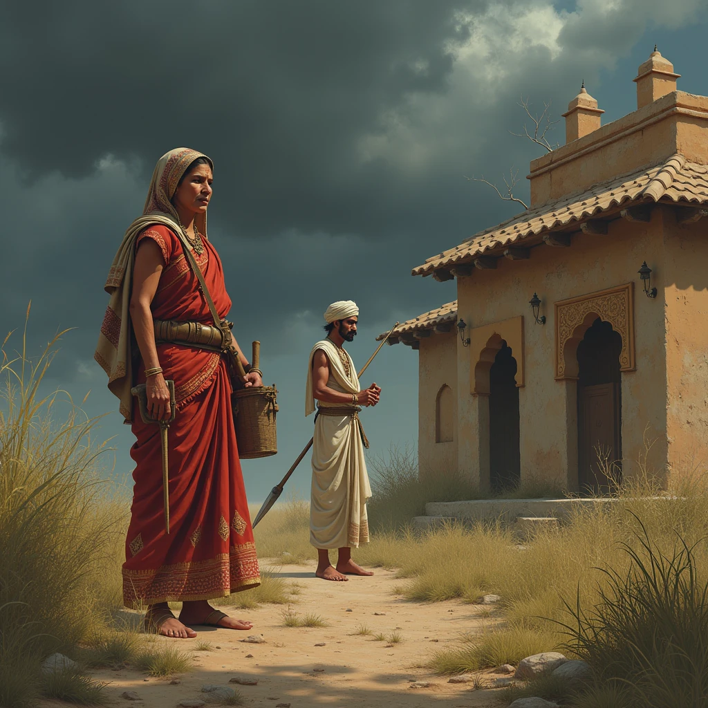 Create an image in which there are dark clouds in the sky and there is a house of old design. Naby die hut staan 'n vrou wat Rajasthani Lugdi dra en sy is ongeveer 40 jaar oud dra gereedskap in haar hand En naby die boom staan 'n man wat 20 jaar oud is, 'n groot snor het en Rajasthani wit dhoti kurta dra, 'n tulband op sy kop het, hy het 'n spies in sy hand.
