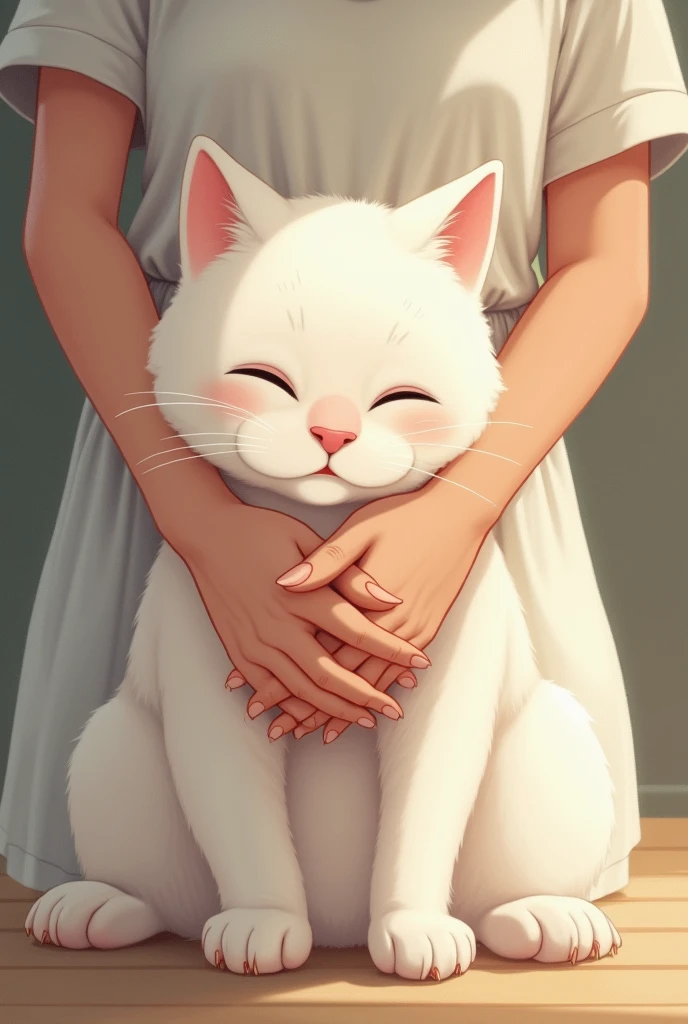 Imagine a white cat his age 4 month and weight 2 kg his face round and head light pink colour one mark and his last moment in life hold hand a young lady and leave eachother hands and do not show eachother face only show eachother leaving hand
Only show eachother hands leaving