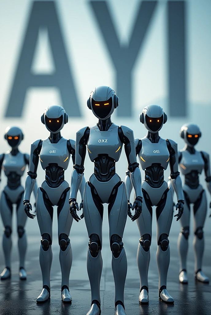 Show me an image of a group of futuristic AI robots with the letters O.XYZ and a background. In the background are the words Open AI and Super AI. The background should be large.