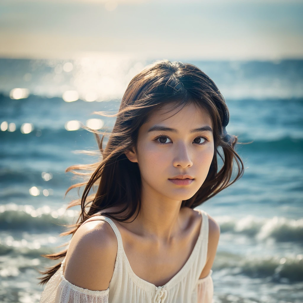A hyper-realistic image of a single Japanese woman in her early 20s, captured with the nostalgic warmth and subtle graininess of a film camera, with the focus on her upper body from the shoulders up against a serene seaside backdrop. Her skin has a warm beige tone with a natural, slightly rough texture that includes visible pores, fine lines, and subtle imperfections such as small blemishes, adding to the authenticity of her appearance. The soft, diffused natural light reflects off the ocean waves, casting gentle, warm shadows across her face and shoulders, enhancing the film-like quality and creating a timeless, organic feel. Her straight, glossy black hair is slightly tousled by the ocean breeze, naturally framing her face, and her deep brown eyes reflect the soft light of the seaside, adding depth and emotion. The background subtly captures the peaceful ocean scenery with a glimpse of rolling waves and a faint horizon, blurred to maintain focus on her expression. The film camera effect introduces a slight grain and a softer focus, giving the image a warm, nostalgic atmosphere while maintaining the realistic texture of her skin. She is wearing a light, airy top that complements her natural beauty and the beach setting, with the overall composition designed to evoke a sense of genuine, understated elegance and connection with nature.