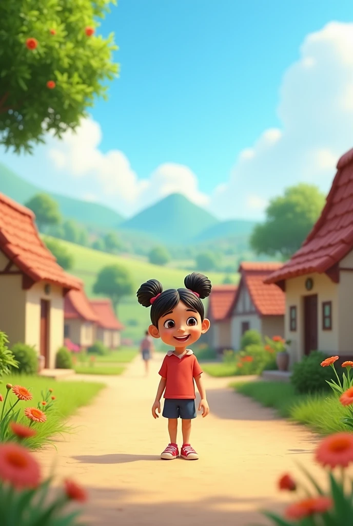 Create 3d cartoon character image Scene 1: Sonia’s Village Life
Prompt: Illustrate a serene village setting with Sonia, a young girl, whose parents are working person going from job in professiinal
dress