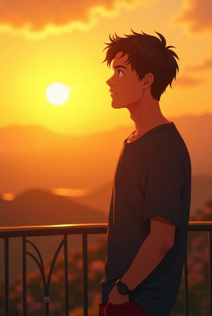Prompt 1: A young man is standing on a balcony during a beautiful golden sunset, looking out over a scenic view. His expression is hopeful and eager as if he’s waiting for someone special. He has a slight smile on his face, and his eyes are fixed on the horizon, expecting the arrival of a woman. The warm, golden light of the setting sun casts a soft glow over his features, highlighting his anticipation.