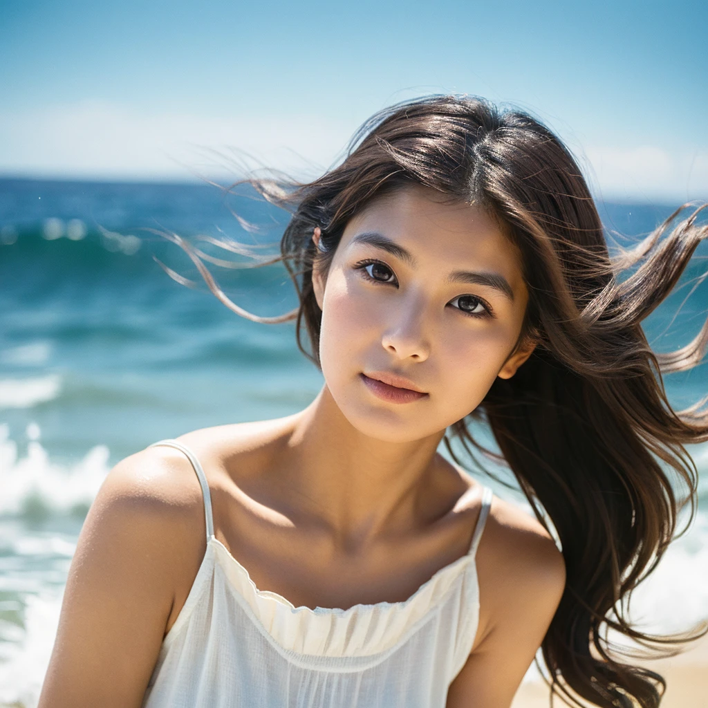 A hyper-realistic image of a single Japanese woman in her early 20s, captured with the nostalgic warmth and subtle graininess of a film camera, with the focus on her upper body from the shoulders up against a serene seaside backdrop. Her skin has a warm beige tone with a natural, slightly rough texture that includes visible pores, fine lines, and subtle imperfections such as small blemishes, adding to the authenticity of her appearance. The soft, diffused natural light reflects off the ocean waves, casting gentle, warm shadows across her face and shoulders, enhancing the film-like quality and creating a timeless, organic feel. Her straight, glossy black hair is slightly tousled by the ocean breeze, naturally framing her face, and her deep brown eyes reflect the soft light of the seaside, adding depth and emotion. The background subtly captures the peaceful ocean scenery with a glimpse of rolling waves and a faint horizon, blurred to maintain focus on her expression. The film camera effect introduces a slight grain and a softer focus, giving the image a warm, nostalgic atmosphere while maintaining the realistic texture of her skin. She is wearing a light, airy top that complements her natural beauty and the beach setting, with the overall composition designed to evoke a sense of genuine, understated elegance and connection with nature.