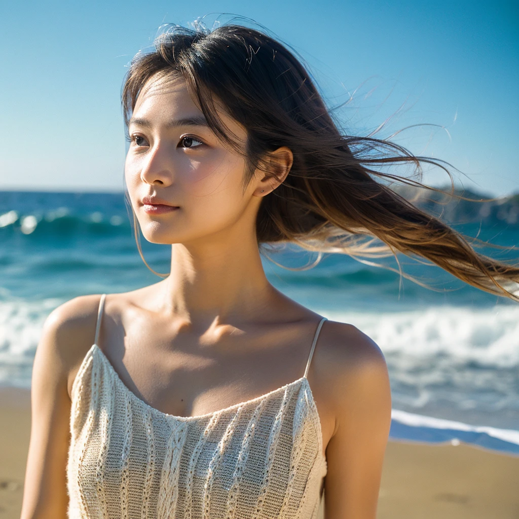 A hyper-realistic image of a single Japanese woman in her early 20s, captured with the nostalgic warmth and subtle graininess of a film camera, with the focus on her upper body from the shoulders up against a serene seaside backdrop. Her skin has a warm beige tone with a natural, slightly rough texture that includes visible pores, fine lines, and subtle imperfections such as small blemishes, adding to the authenticity of her appearance. The soft, diffused natural light reflects off the ocean waves, casting gentle, warm shadows across her face and shoulders, enhancing the film-like quality and creating a timeless, organic feel. Her straight, glossy black hair is slightly tousled by the ocean breeze, naturally framing her face, and her deep brown eyes reflect the soft light of the seaside, adding depth and emotion. The background subtly captures the peaceful ocean scenery with a glimpse of rolling waves and a faint horizon, blurred to maintain focus on her expression. The film camera effect introduces a slight grain and a softer focus, giving the image a warm, nostalgic atmosphere while maintaining the realistic texture of her skin. She is wearing a light, airy top that complements her natural beauty and the beach setting, with the overall composition designed to evoke a sense of genuine, understated elegance and connection with nature.