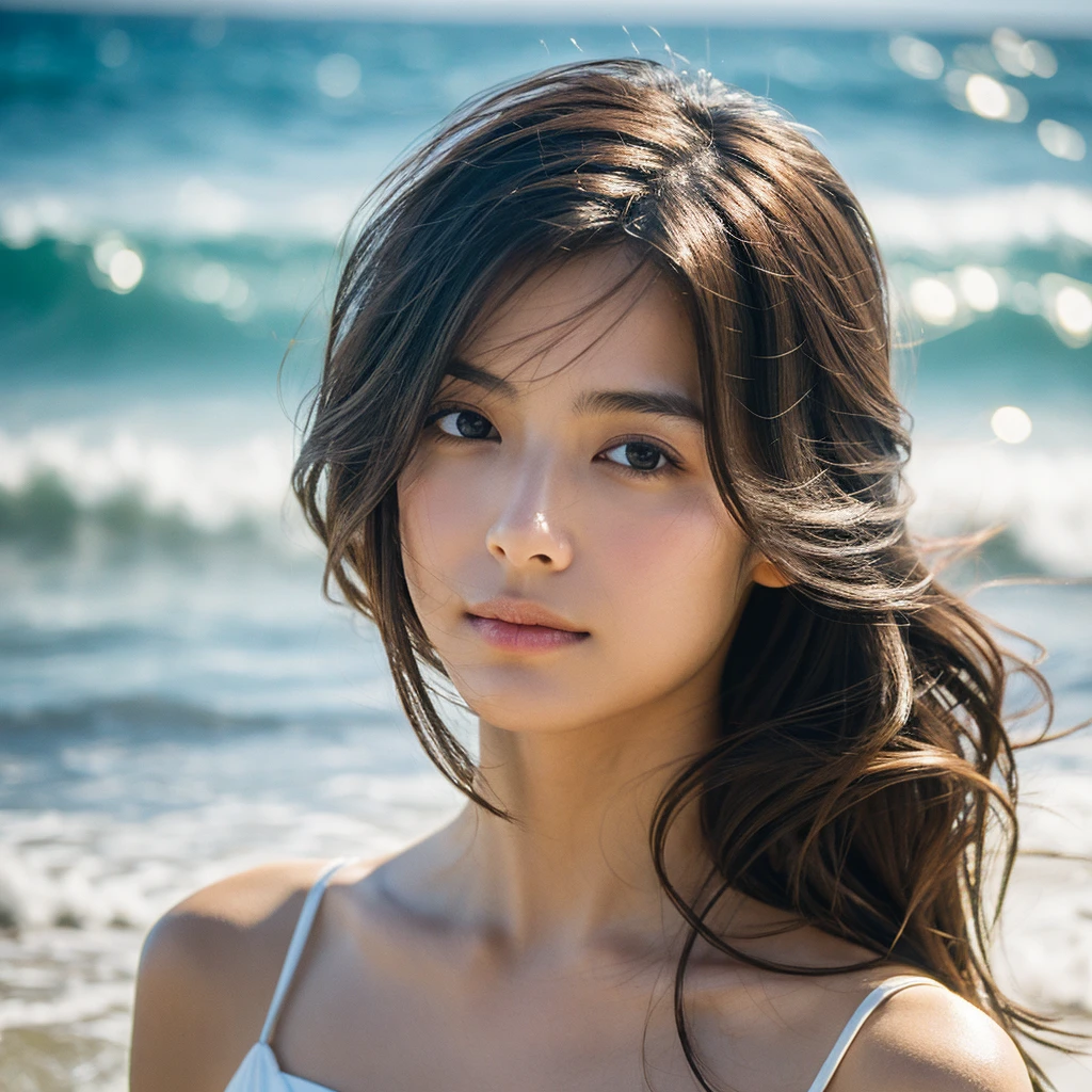 A hyper-realistic image of a single Japanese woman in her early 20s, captured with the nostalgic warmth and subtle graininess of a film camera, with the focus on her upper body from the shoulders up against a serene seaside backdrop. Her skin has a warm beige tone with a natural, slightly rough texture that includes visible pores, fine lines, and subtle imperfections such as small blemishes, adding to the authenticity of her appearance. The soft, diffused natural light reflects off the ocean waves, casting gentle, warm shadows across her face and shoulders, enhancing the film-like quality and creating a timeless, organic feel. Her straight, glossy black hair is slightly tousled by the ocean breeze, naturally framing her face, and her deep brown eyes reflect the soft light of the seaside, adding depth and emotion. The background subtly captures the peaceful ocean scenery with a glimpse of rolling waves and a faint horizon, blurred to maintain focus on her expression. The film camera effect introduces a slight grain and a softer focus, giving the image a warm, nostalgic atmosphere while maintaining the realistic texture of her skin. She is wearing a light, airy top that complements her natural beauty and the beach setting, with the overall composition designed to evoke a sense of genuine, understated elegance and connection with nature.