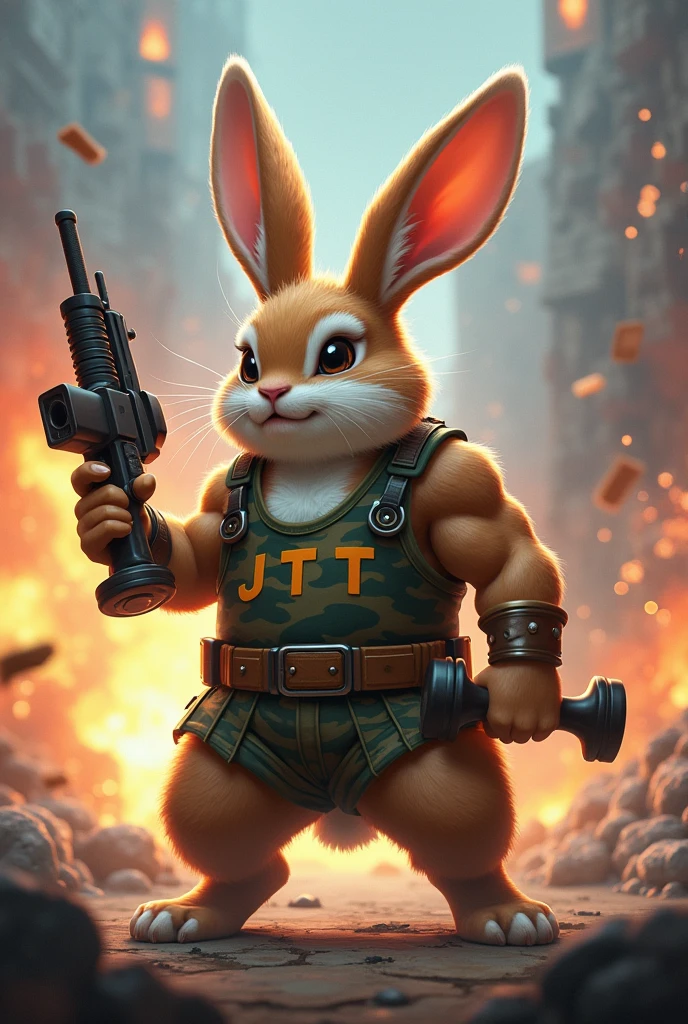 Dragon Quest style finish。Holland Lop Eared Rabbit with both ears fully drooping Lightly mottled broken brown、Body is white、Wearing a camouflage tank top、The body is muscular and well-trained.、The clothes say JTt、A fierce battlefield with explosions、He has a dumbbell and a gun in his hand
