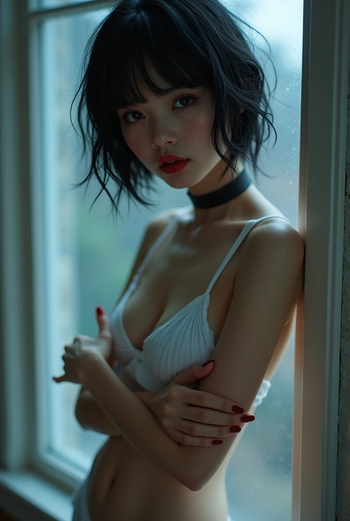 (:1.5), (Young Girl:1.5),Young face,Sweet and beautiful, short, Messy Hair,  fringe, Grand Front, Black Hair, Shy behavior,Looking up,Choker around the neck, White underwear, Bright black eyes, Seductive lips, discount, (very cute), Light-looking abdomen, Small breasts,とてもSmall breasts,Cute white panties, Gesture of hiding the chest with the arms,Standing by the window, Look outward, Beautiful feet, Mascara Agent, barefoot, Biting your lip, Red lipstick&#39;Not yet dry, Artistic photography style, Expressive, Illuminated by the moonlight,(Full body image) , ((Superior Quality)), ((masterpiece))