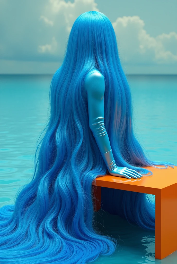 foreground, lots of blue hair cascading down onto an orange table ,surrealism, , sea background