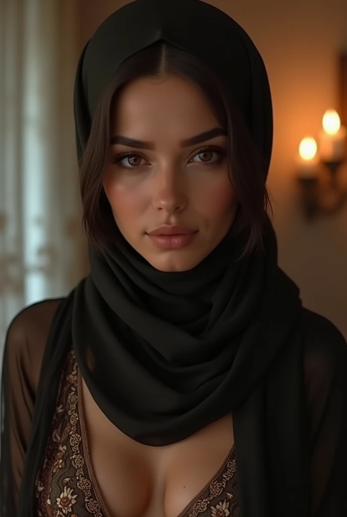 (photorealism:1.2), arabic woman wearing hijab, showing cleavage, no pants, indoors, soft lighting, sexy pose, realistic