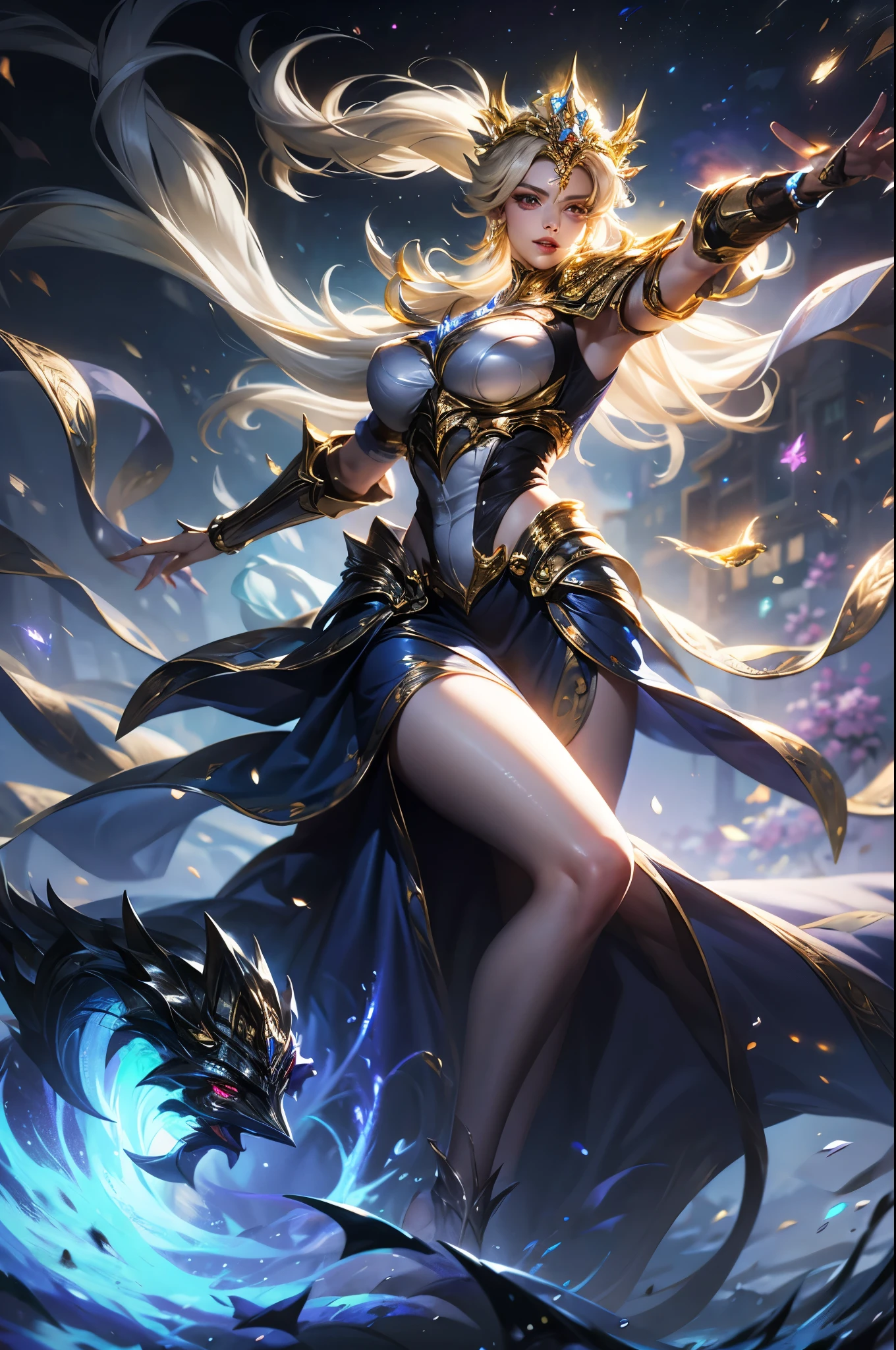 Ultra HD、Ultra-clear、White and beautiful translucent skin、Beautiful and well-proportioned face、Cute smile、Saint Seiya of Libra、Covers the whole body in silver armor、A holy knight in silver armor、Platinum tiara、Silver armor covered in flashy carvings、Heavy silver armor、Beautiful clear red eyes、Blonde Short-Haired、Big Breasts、Outer space background、ponytail、