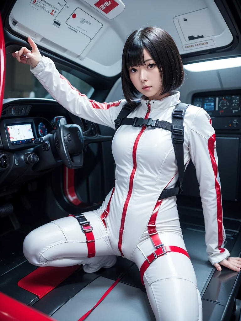Japanese female android,White and red shiny robot suit,Wide-legged squats,Black Hair,Space capsule,I was completely strapped into the cockpit with a thick harness and couldn't move.,