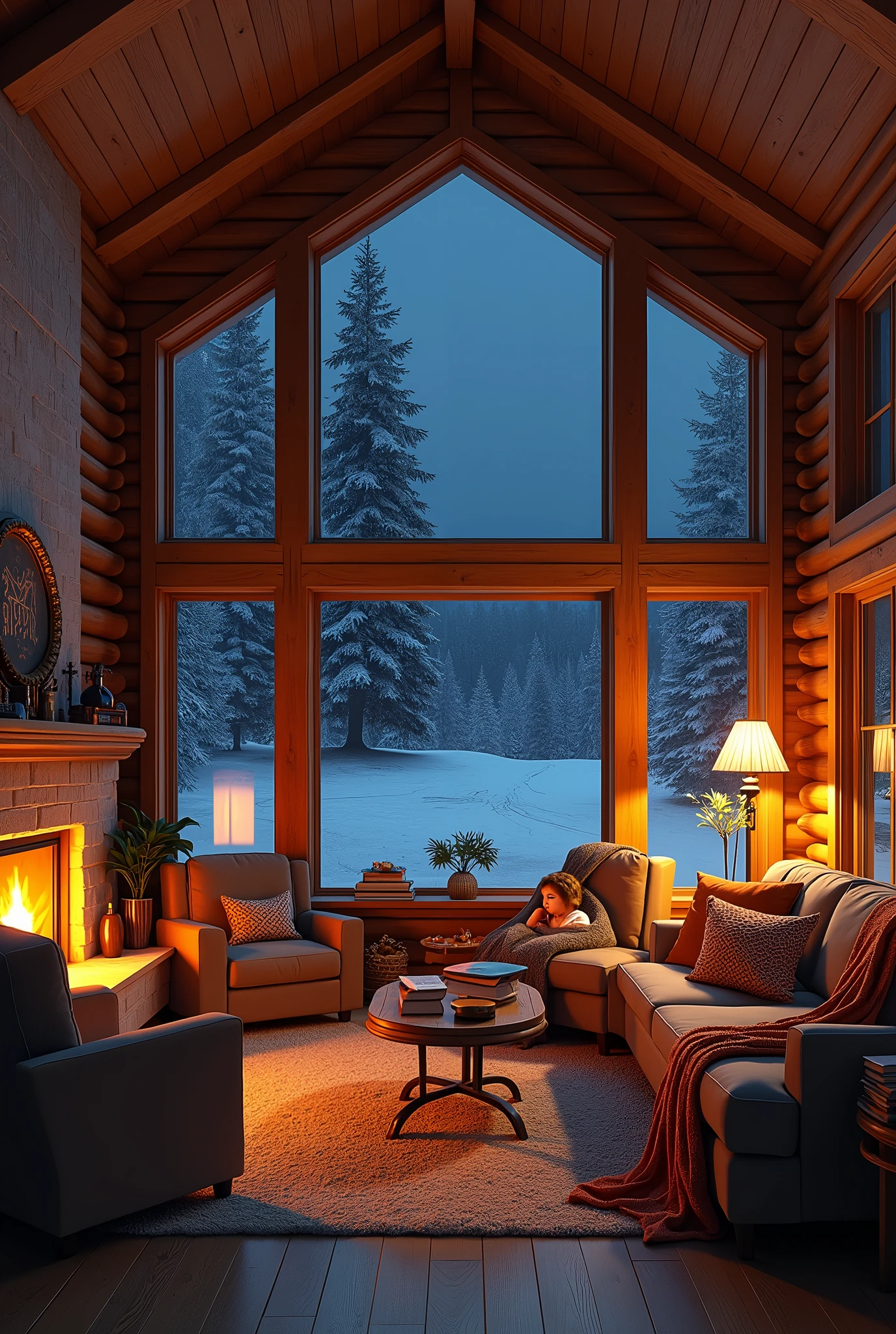 (photorealism:1.2),Imagine a stunning, double-height living room in a charming log cabin, where warmth and coziness define the space. night view, night outside, dark outside ,bulbs are on, big room
realistic, intricate details, warm colors, by Greg Rutkowski, by Alphonse Mucha