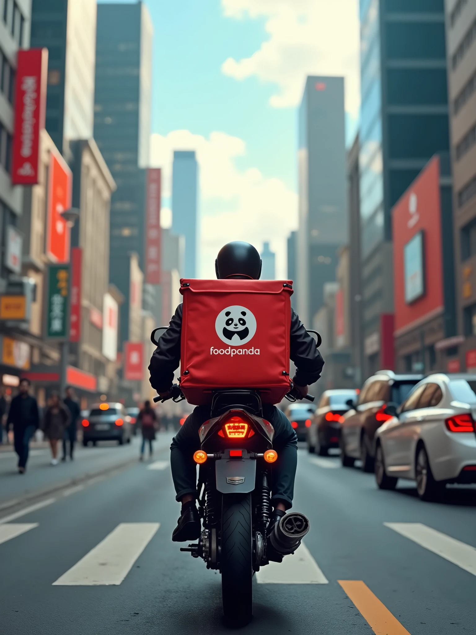 A man in a Foodpanda uniform rides his Foodpanda delivery motorcycle through a crowded city street during rush hour, weaving between cars with the Foodpanda logo visible on his backpack and motorcycle, as the city skyline looms in the background
